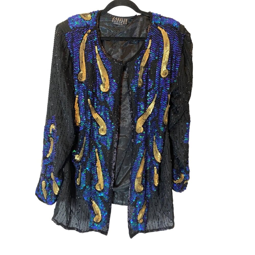 Jakelin Designs Sequin Embellished Silk Jacket Black Gold & Blue Size 2X